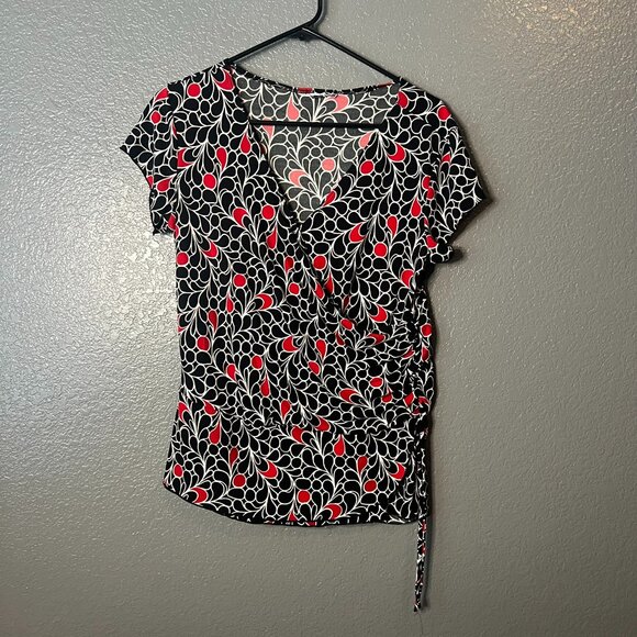 Red White Black Abstract Print Faux Wrap Ruched Short Sleeve Top Size L/XL - Picture 1 of 4